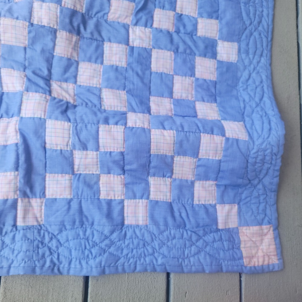 Vintage Handmade Hand Stitched Patchwork Quilt Bedspread 80x92 Blue Pink - Picture 2 of 9